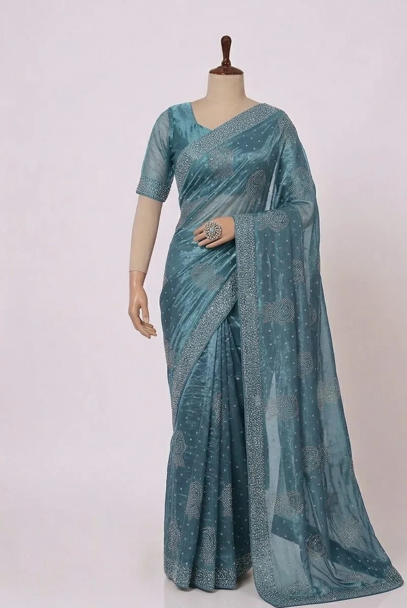 Korean Silk 4 Cut Stone Work Saree (1)