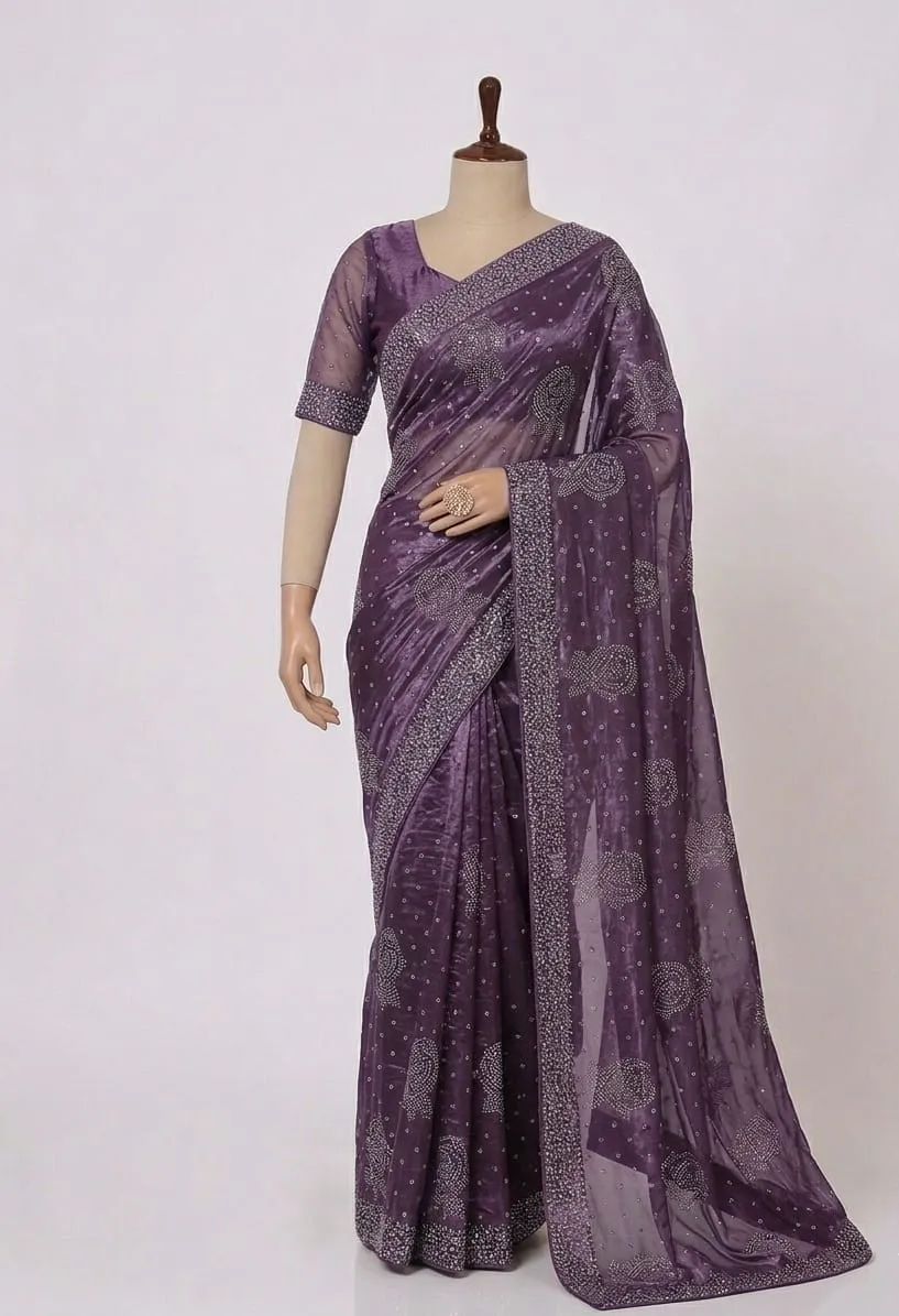 Korean Silk 4 Cut Stone Work Saree (2)