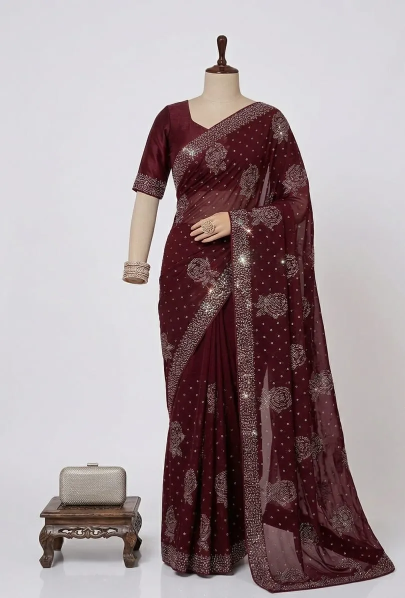 Korean Silk 4 Cut Stone Work Saree (3)