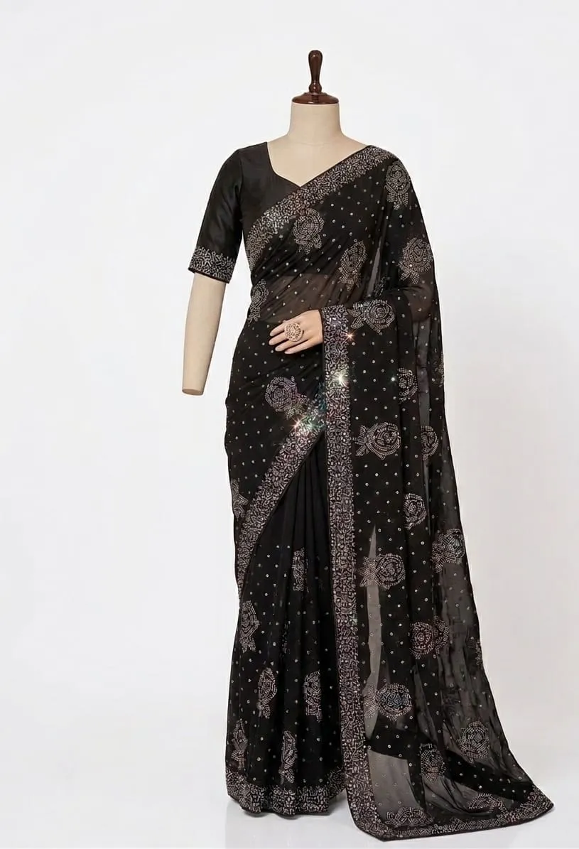Korean Silk 4 Cut Stone Work Saree (4)