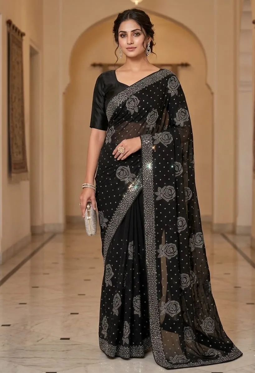 Korean Silk 4 Cut Stone Work Saree (8)
