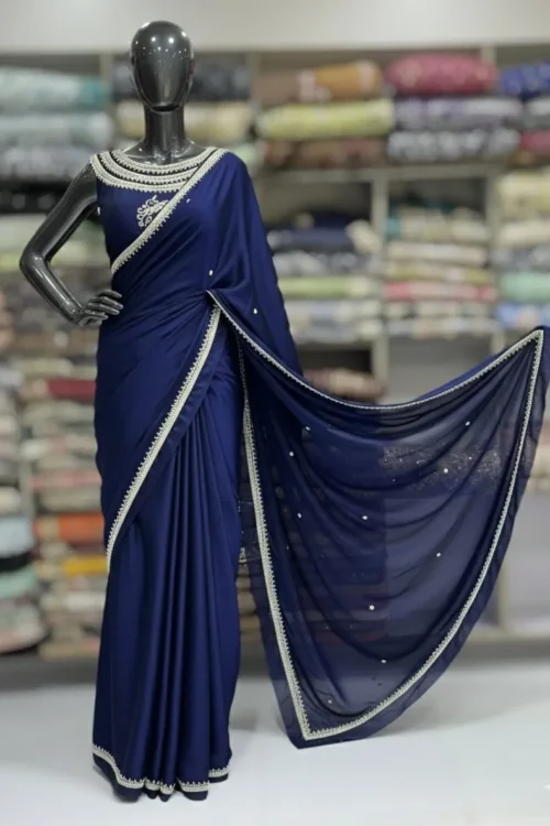 Short Silk Pearl Stone Work Saree with Heavy Neck | Unstitched 7.5 Yard
